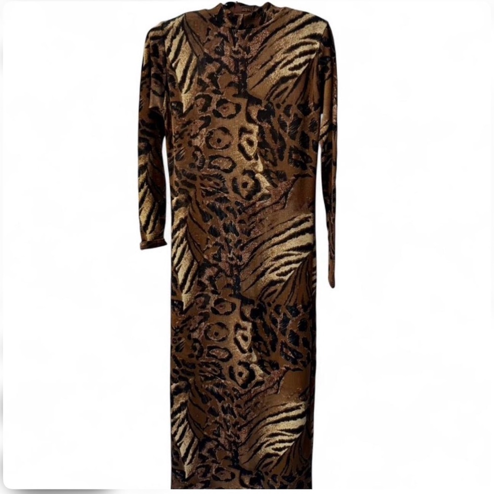 Y2K Animal Print Bodycon Mock Neck Longsleeve Maxi Dress